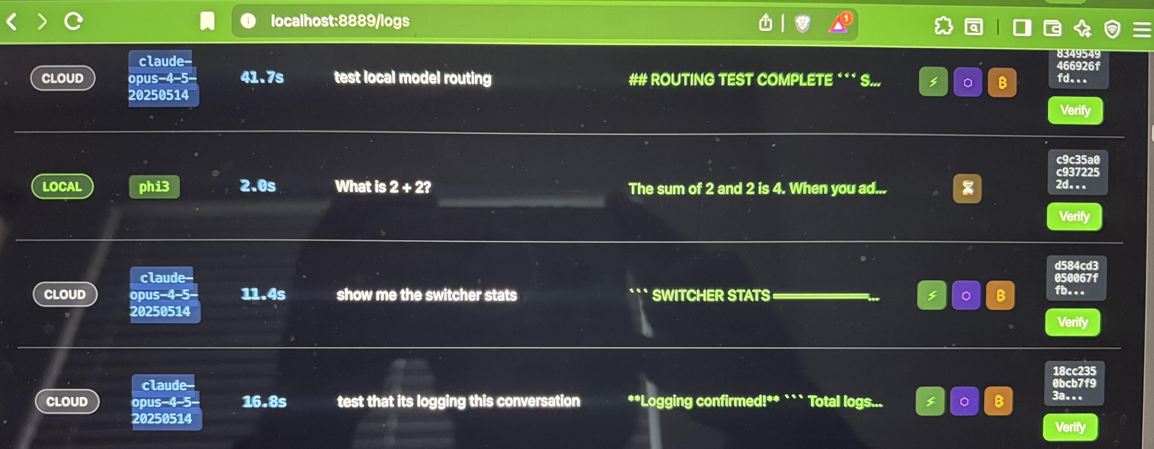 BrockBox verification dashboard showing cloud and local AI interactions with verify buttons