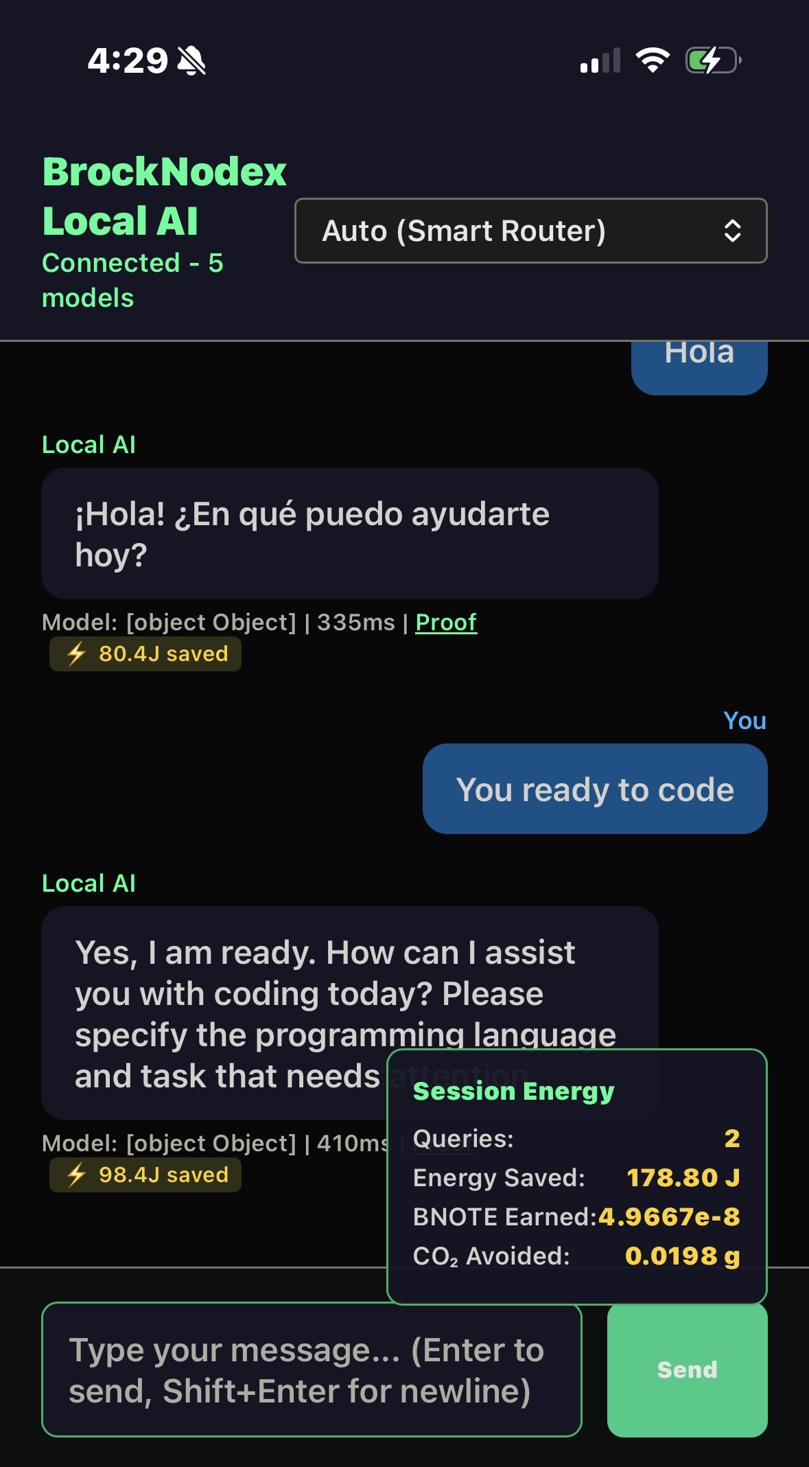 BrockNodex mobile app showing local AI with energy savings metrics