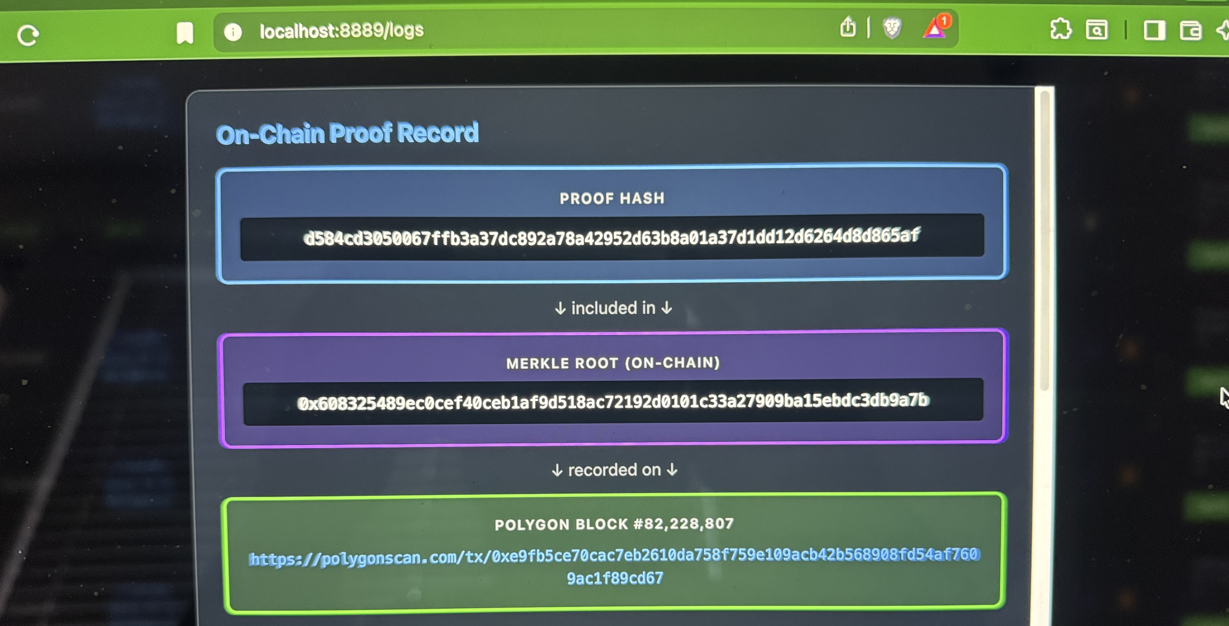 On-chain proof record showing proof hash, merkle root, and Polygon block verification